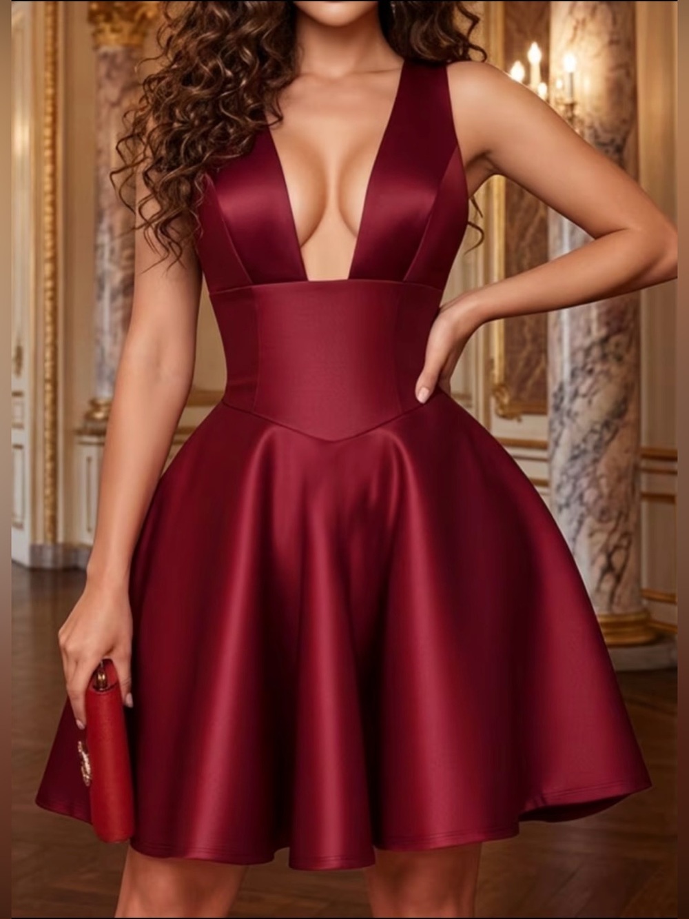 Elegant Women’s Burgundy V-Neck Fit & Flare Short Dress Size L